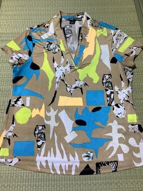 Jamie Sadock Abstract Print Golf Polo in Tan with Blue & Lime Accents